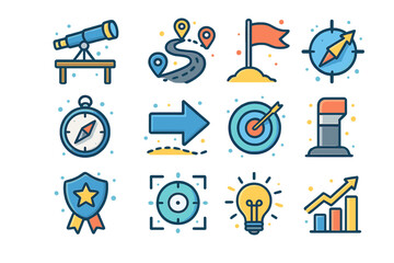 Colorful navigation and planning icons with telescope and compass