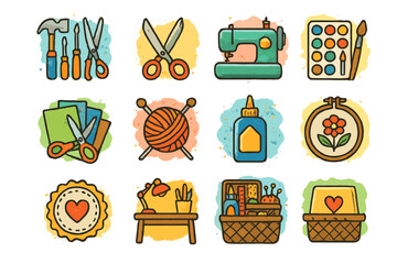 Crafting tools and supplies: scissors, sewing machine, paints, yarn, glue
