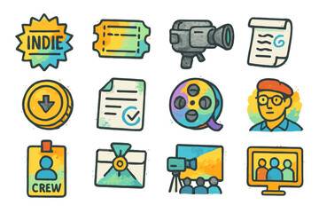 Indie film icons set featuring camera, ticket, crew badge, clapboard, filmmaker