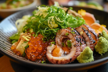 A plate of octopus with salmon roe, wasabi, and scallion generative AI