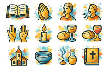 Religious symbols: prayer, worship, church, communion, bible, candle icon set
