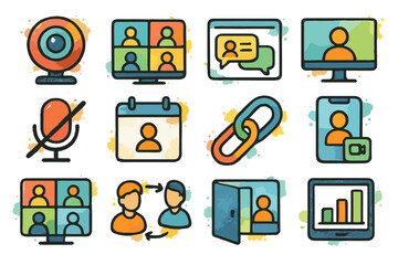 Colorful video conference icons with microphone, chat, and chart symbols
