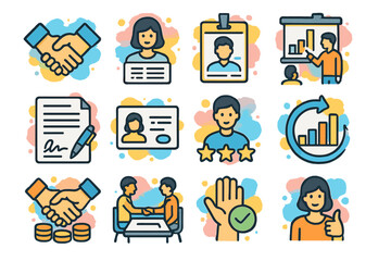 Business and employment icons: handshake, id, presentation, agreement