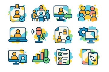 Business communication icons set for meetings, charts, and online collaboration