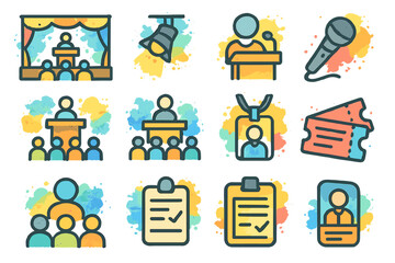 Conference and presentation icons with microphone and podium