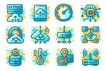 Watercolor style technology icons illustrating cloud computing and networking
