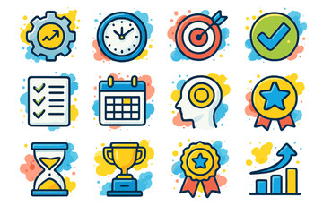 Colorful productivity and achievement icons set on vibrant background