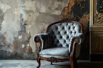 Fototapeta premium French Chair. Antique Armchair with Quilted Grey Seat and Intricate Carvings