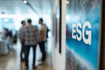 Office hallway scene: poster with ESG values, people chatting in background, bright and transparent atmosphere.