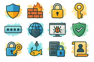 Cybersecurity icons: shield, lock, firewall, password, virus, privacy, protection