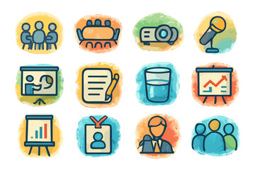 Business meeting icons: presentation, planning, and collaboration tools