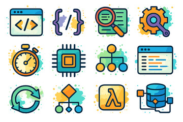 Colorful icons representing programming and technology elements on gradient background