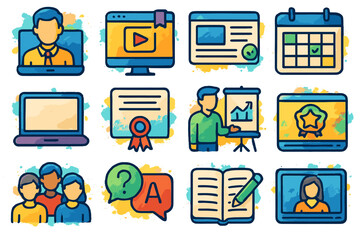 Cartoon icons: online learning and virtual communication elements
