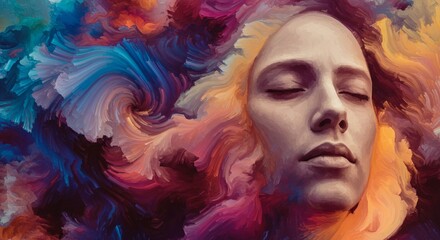 Naklejka premium An abstract representation of human emotion, swirling colors blending together like liquid paint in motion, conveying joy, sadness, anger, and serenity simultaneously, no defined shapes