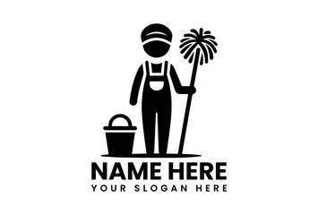 Welcoming black silhouette logo featuring cheerful maintenance worker holding cleaning tools for facility service