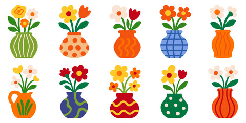 Cartoon flowers in colorful decorative vases set flat floral illustration isolated on white background
