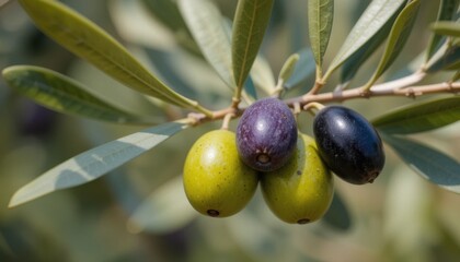 Olive Branches Showcase Vibrant Green, Purple, and Black Olives Under Sunlight in a Farm Setting