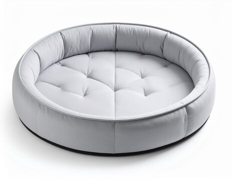 Cama circular para perro acolchada color gris claro, con borde elevado, centrada sobre fondo blanco.