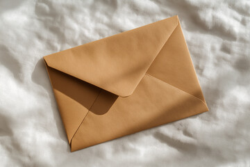 Single kraft paper envelope with soft crease, placed on white textured linen, soft daylight, no text or labels.