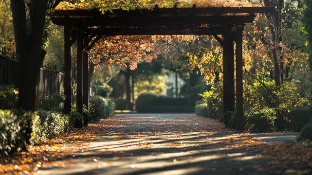 A pathway with leaves on the ground and trees in the background