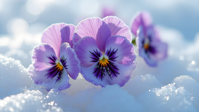 Beautifully frozen pansy flowers encased in ice on a shimmering surface