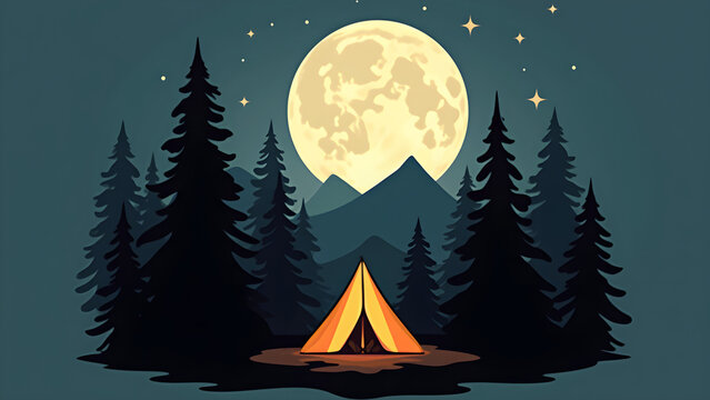 Camping Under the Moon Silhouette Icon and Logo