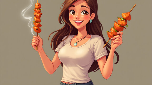 A woman is smiling as she holds two skewers of food in her hands