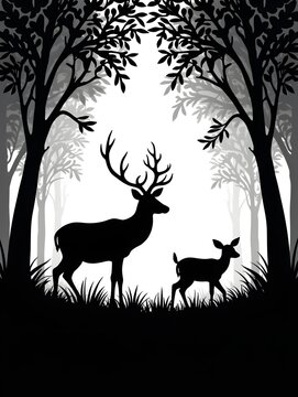 Silhouette of Deer Family in a Forest Scene within a Leafy Border, Black and White .