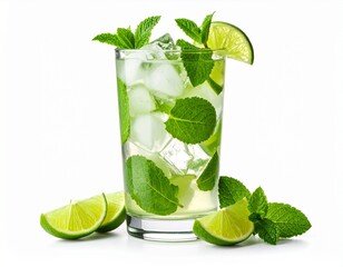 Vaso alto con mojito, hielo, rodajas de lima y hojas de menta visibles, sobre fondo blanco limpio.