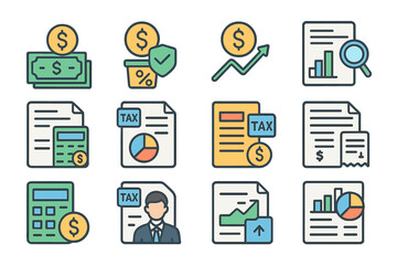 Colorful finance icons representing taxes, growth, reports, and calculations