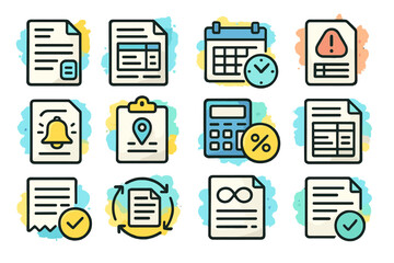Colorful icon set of documents, calendars, and notifications on gradient background