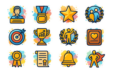 Colorful achievement icons with medals, trophies, and badges