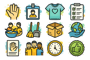 Vibrant volunteer icons - community, charity, teamwork, environment, symbols