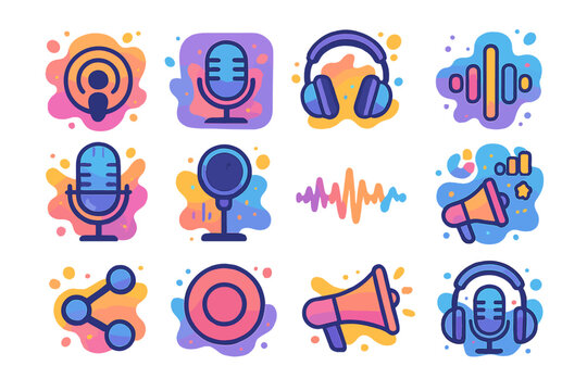 Colorful podcast icons with microphones, headphones, and sound elements