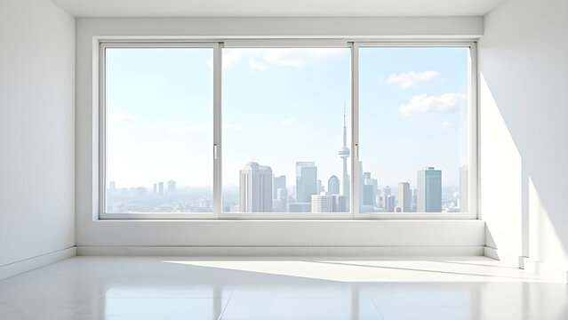 Real estate concept, empty apartments with white walls and big windows. A large room with a view of the city.