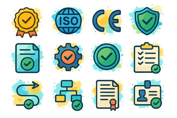 Certification symbols set: iso, ce, quality, compliance icons