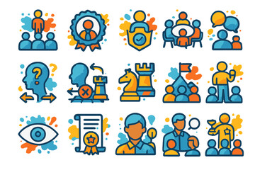 Fototapeta premium Colorful business strategy and teamwork icons in abstract style