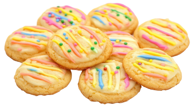 Colorful decorated cookies arranged on a transparent background suitable for celebrations and events