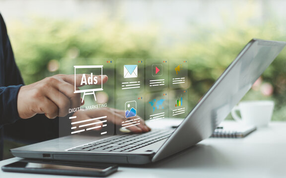 Online digital marketing concept showing internet advertisement management, advertising performance analysis, business development plan and datum insight for strategy optimization, promotion campaign.