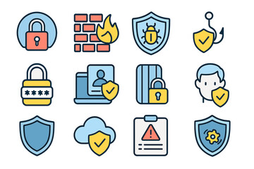 Cybersecurity icons: locks, shields, firewalls, phishing, cloud protection
