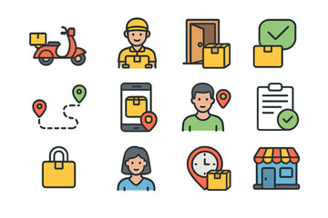 Delivery and logistics icons including male and female couriers with packages