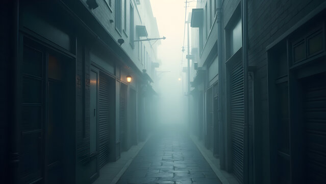 Misty Morning City Alley concept as An alley in the city takes on a mysterious aura under the cover of morning mist perfect for urban explorers in Photo Stock Concept Clear Set 2