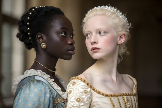 Two elegant women in renaissance attire, historical portrait, vintage nobility fashion, 16th century style