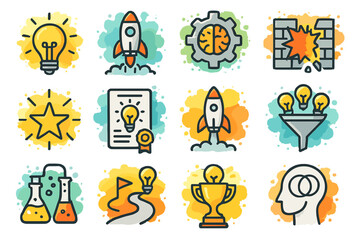 Fototapeta premium Creative innovation icons - light bulb, rocket, brain, trophy, lab flask