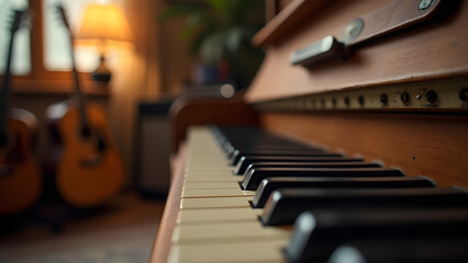 A close-up view of a vintage piano keyboard with guitars visible in a cozy music studio during daylight