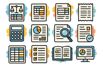 Business tools icons: charts, documents, and technology for analysis