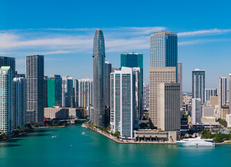 Cityscape skyline. Brickell building in Miami downtown. Brickell skyline with skyscraper architecture. City skyline. Panoramic view. Miami from Brickell Key in Florida. Skyscraper in downtown city