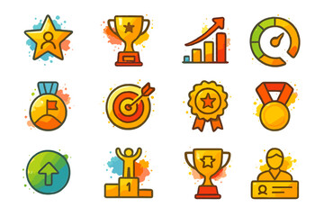Colorful achievement icons including trophies and performance indicators