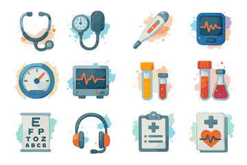 Watercolor medical icons: stethoscope, thermometer, blood pressure, heartbeat