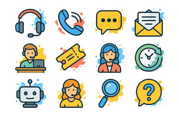 Colorful customer service icons - communication, support, technology, contact tools
